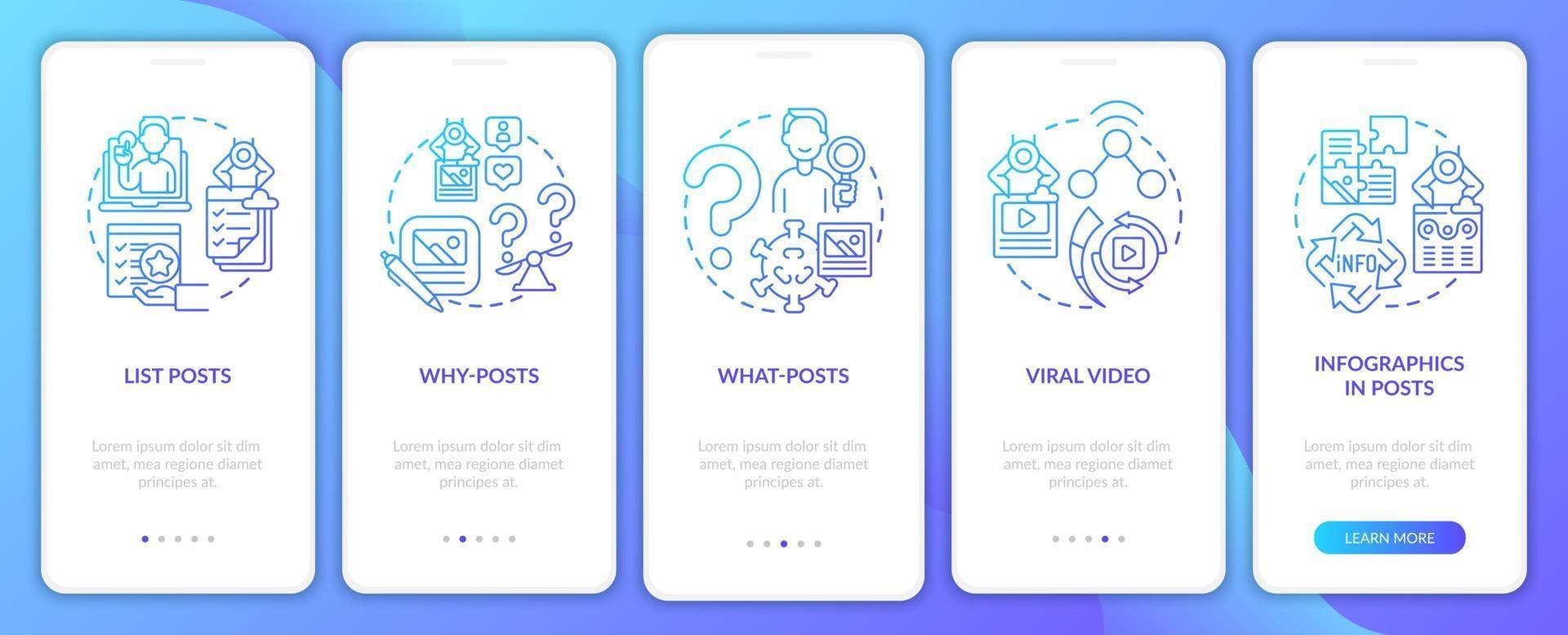 Top engaging posts types onboarding mobile app page screen vector