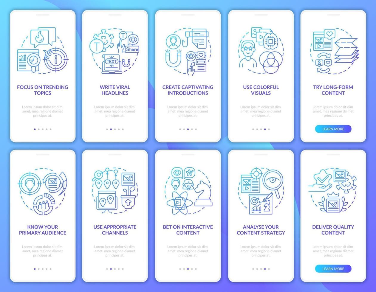 Creating trendy content onboarding mobile app page screens set vector