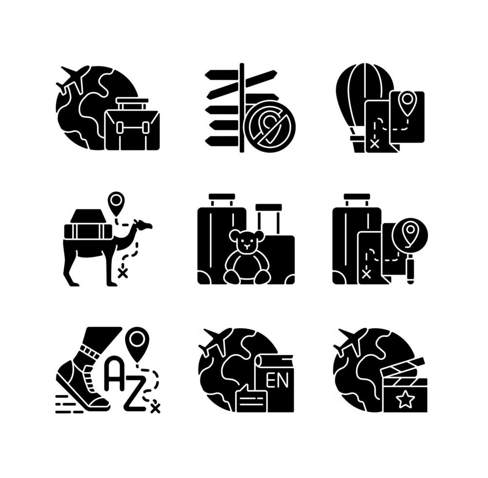 Travel type black glyph icons set on white space vector