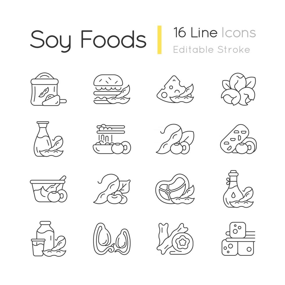 Soy foods linear icons set vector
