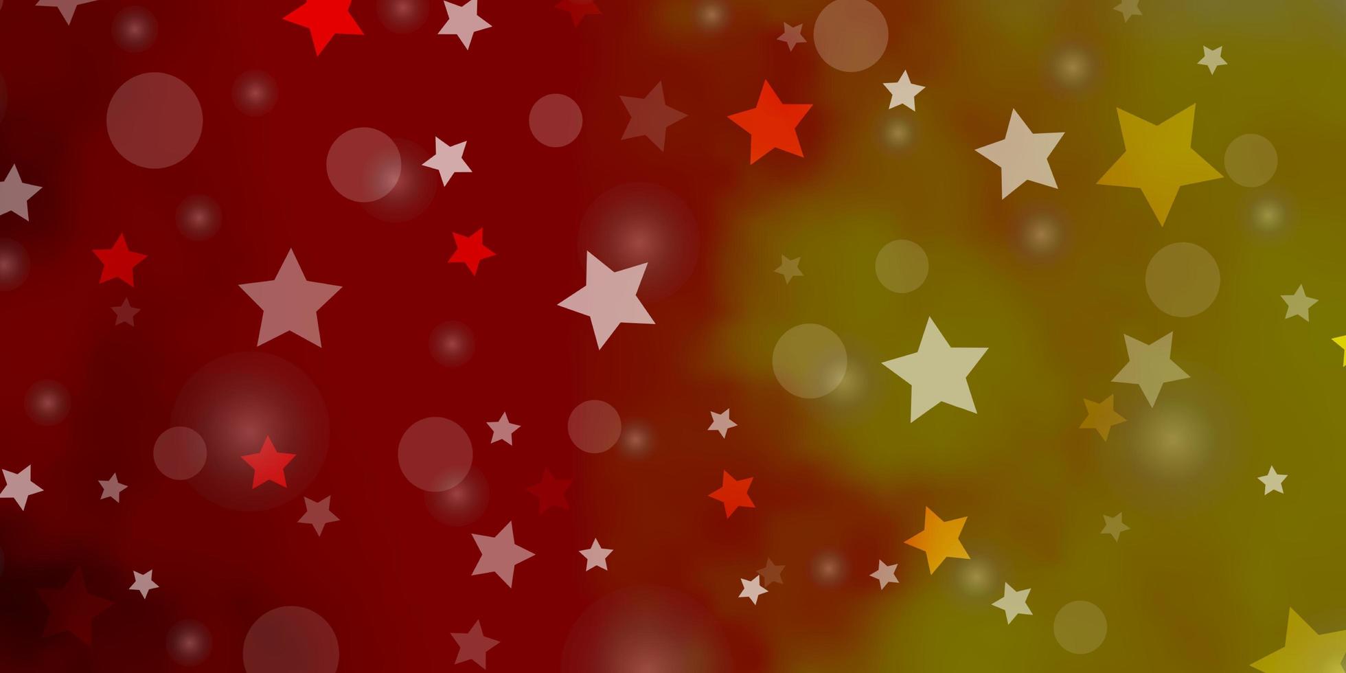 plantilla de vector rojo, amarillo claro con círculos, estrellas.