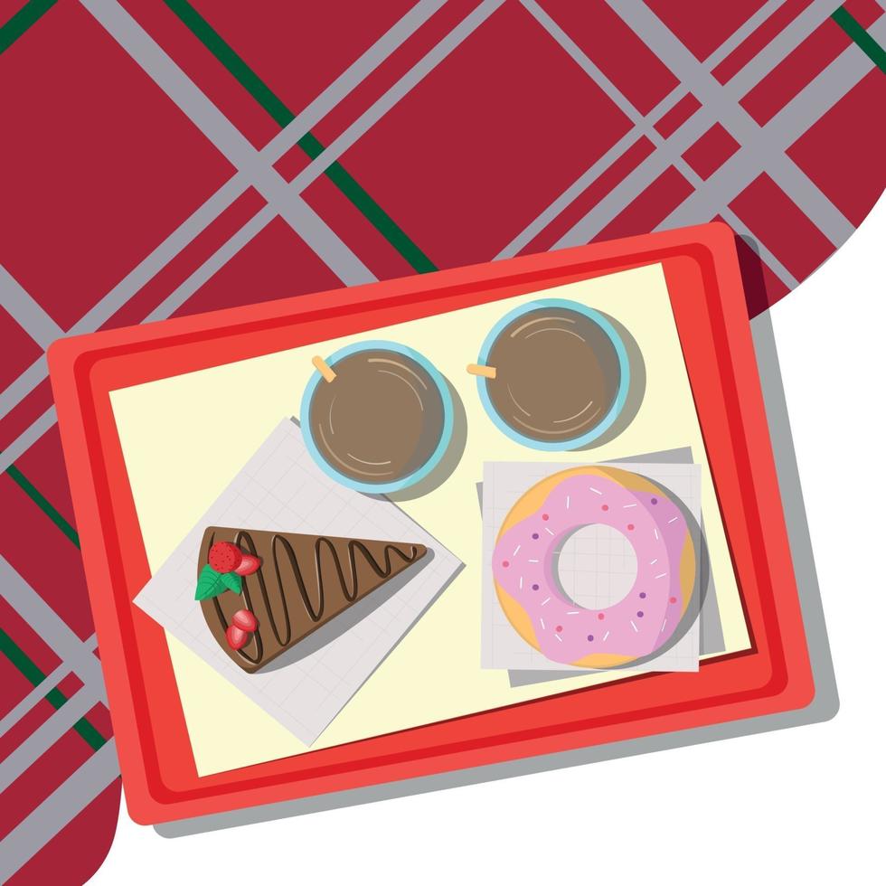 Set of sweets lying on a tray, checkered tablecloth - Vector