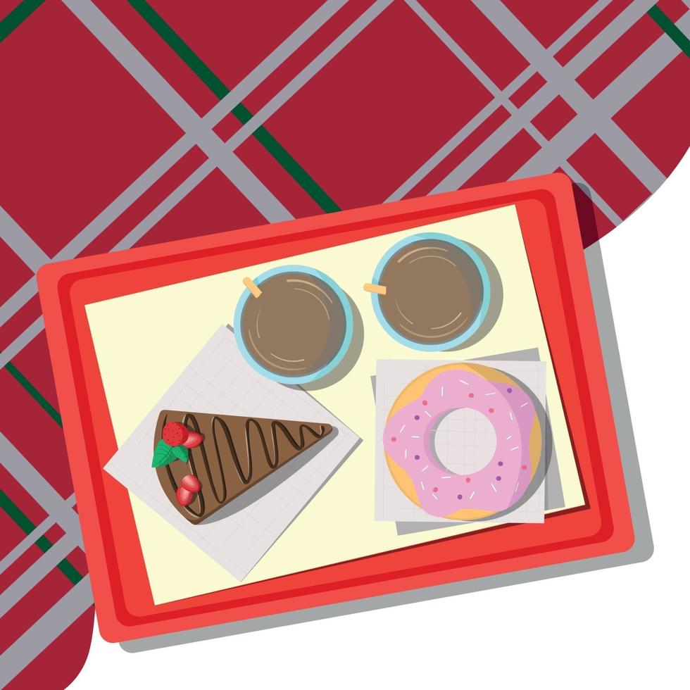 conjunto de dulces acostado en una bandeja, mantel a cuadros - vector