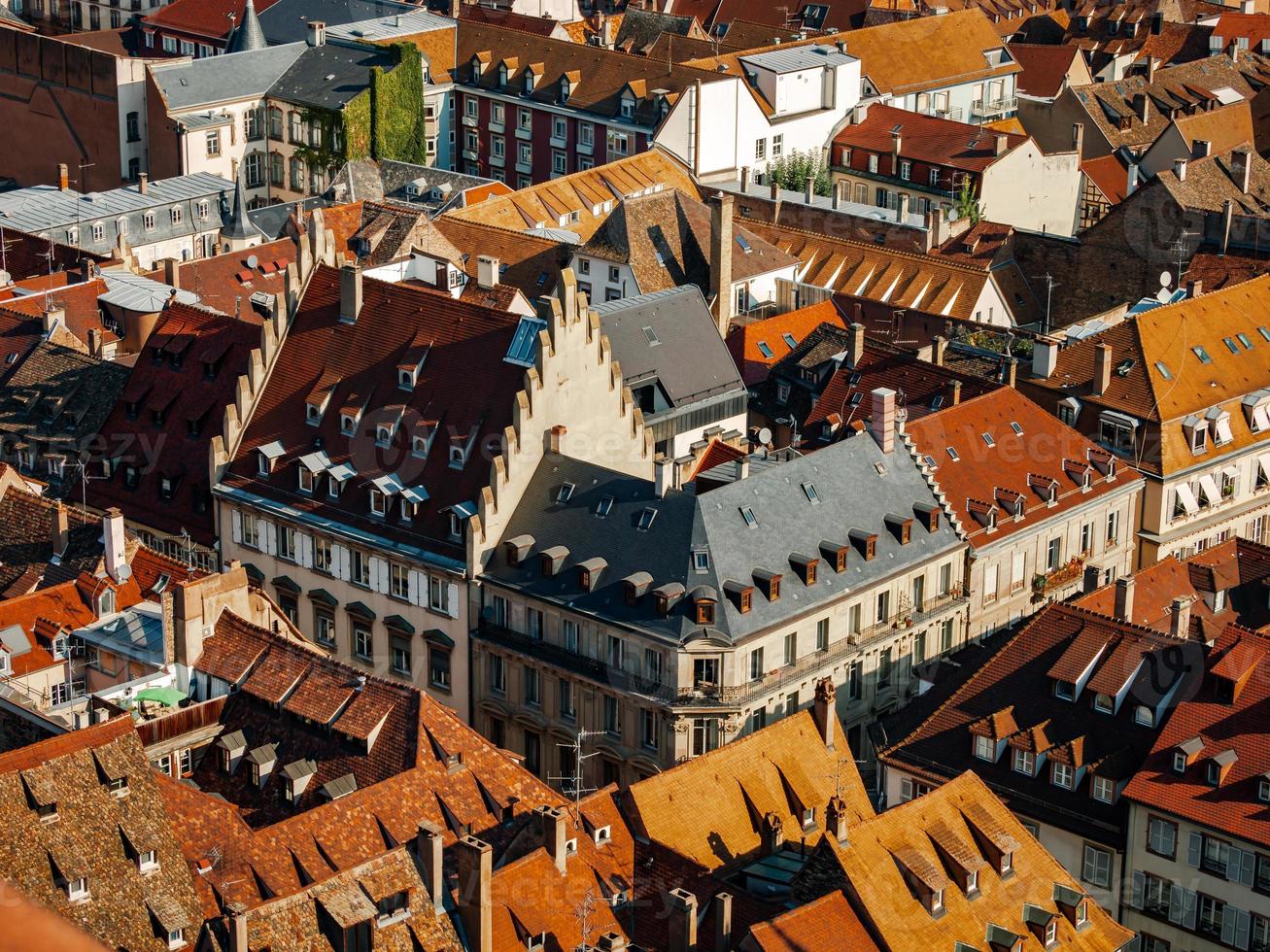 Aerial view of the city of Strasbourg. Sunny day. Red tiled roofs. photo