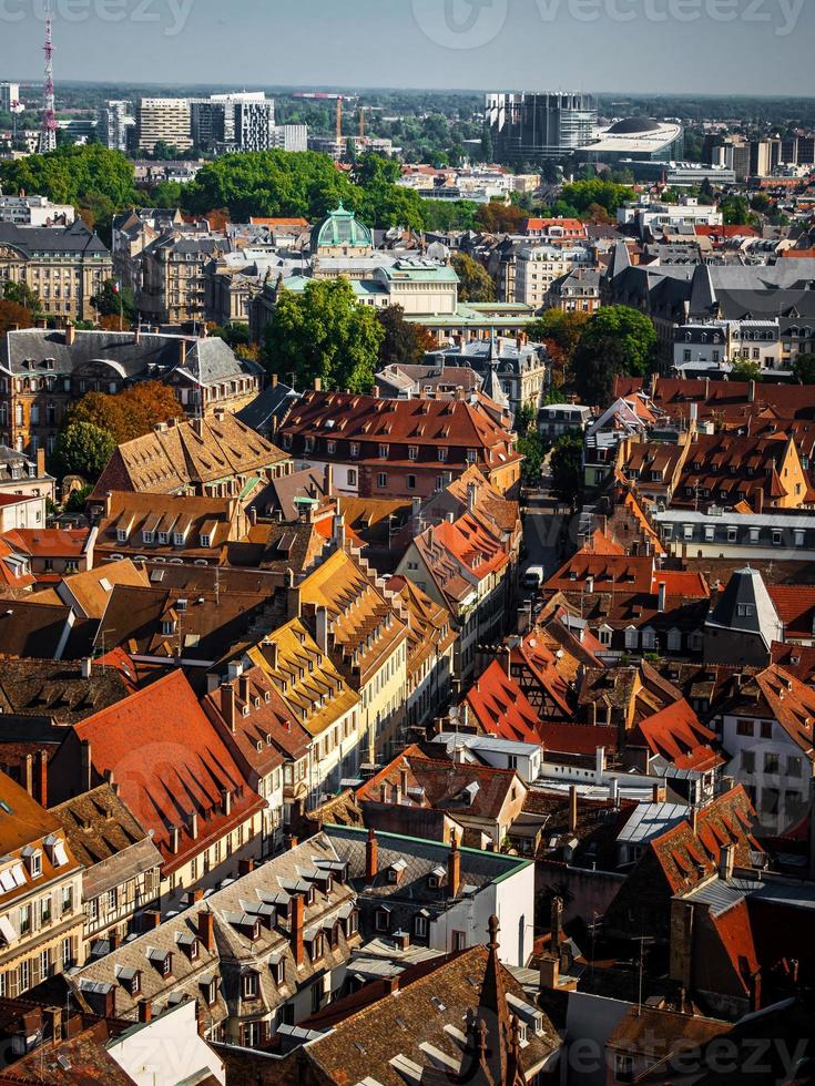 Aerial view of the city of Strasbourg. Sunny day. Red tiled roofs. photo