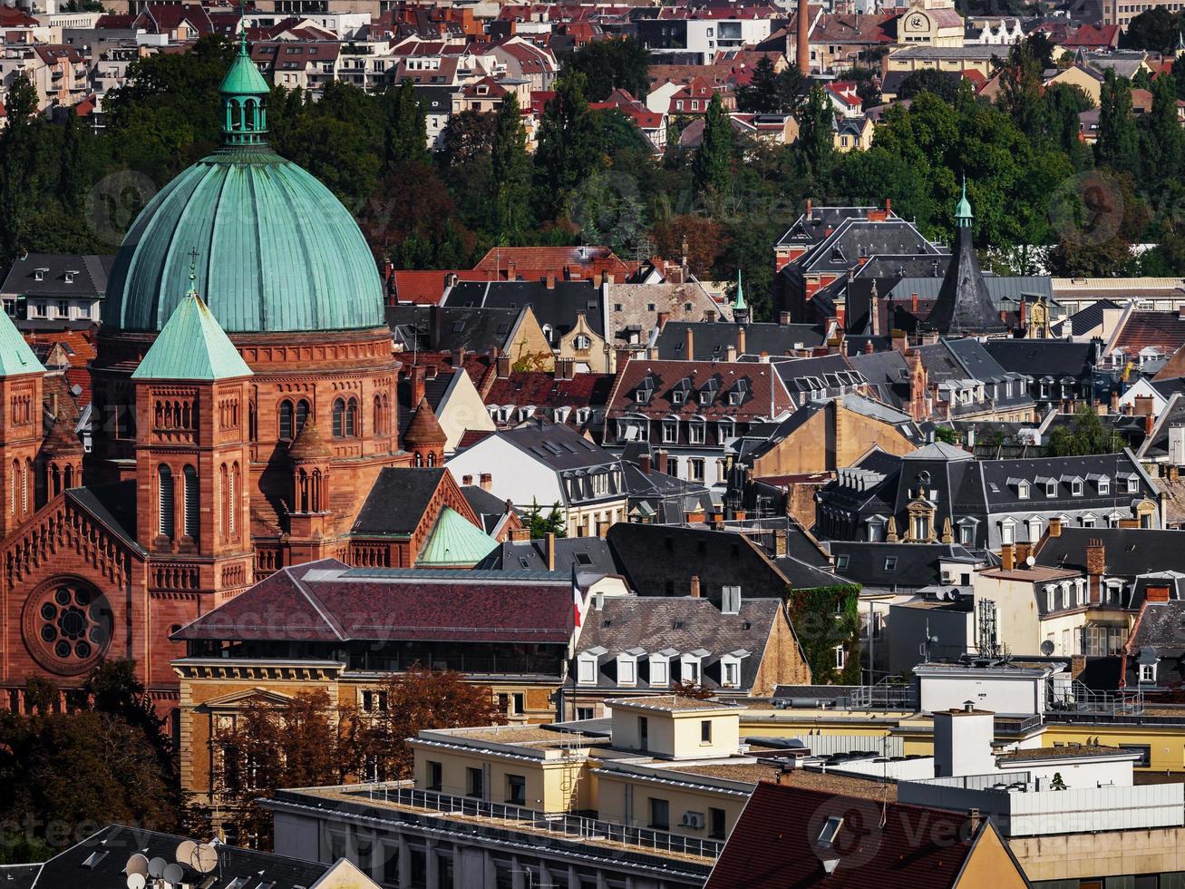 Aerial view of the city of Strasbourg. Sunny day. Red tiled roofs. photo