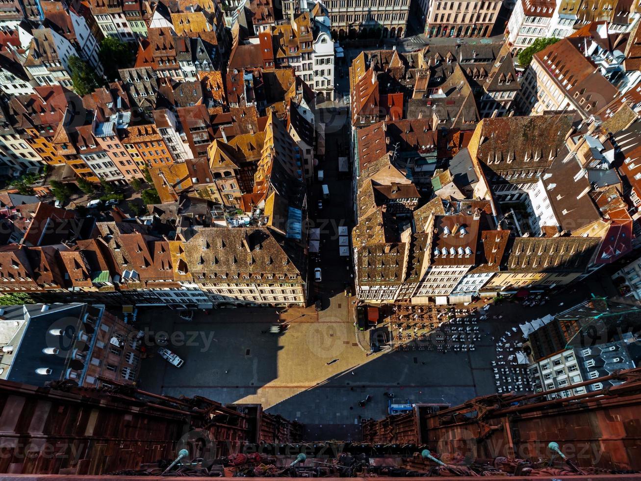 Aerial view of the city of Strasbourg. Sunny day. Red tiled roofs. photo