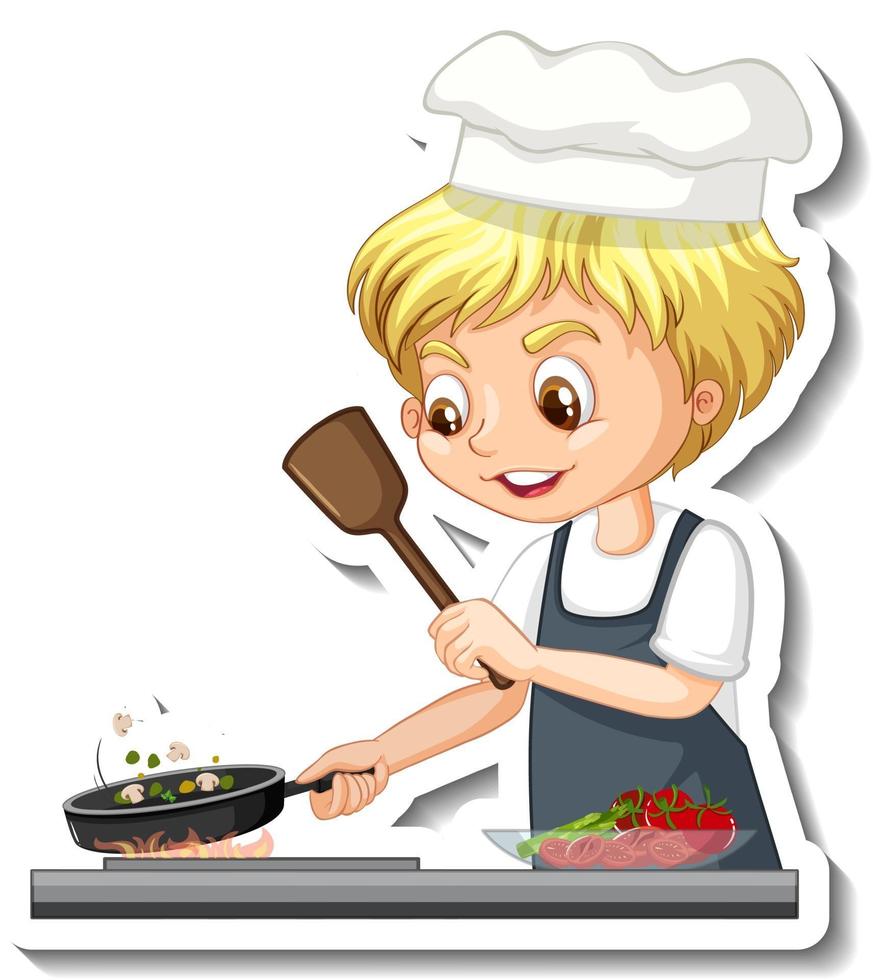 Diseño de etiqueta con niño chef cocinando comida personaje de dibujos animados vector