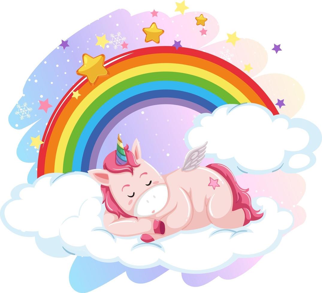 Cute pegasus laying on cloud in the pastel sky with rainbow vector