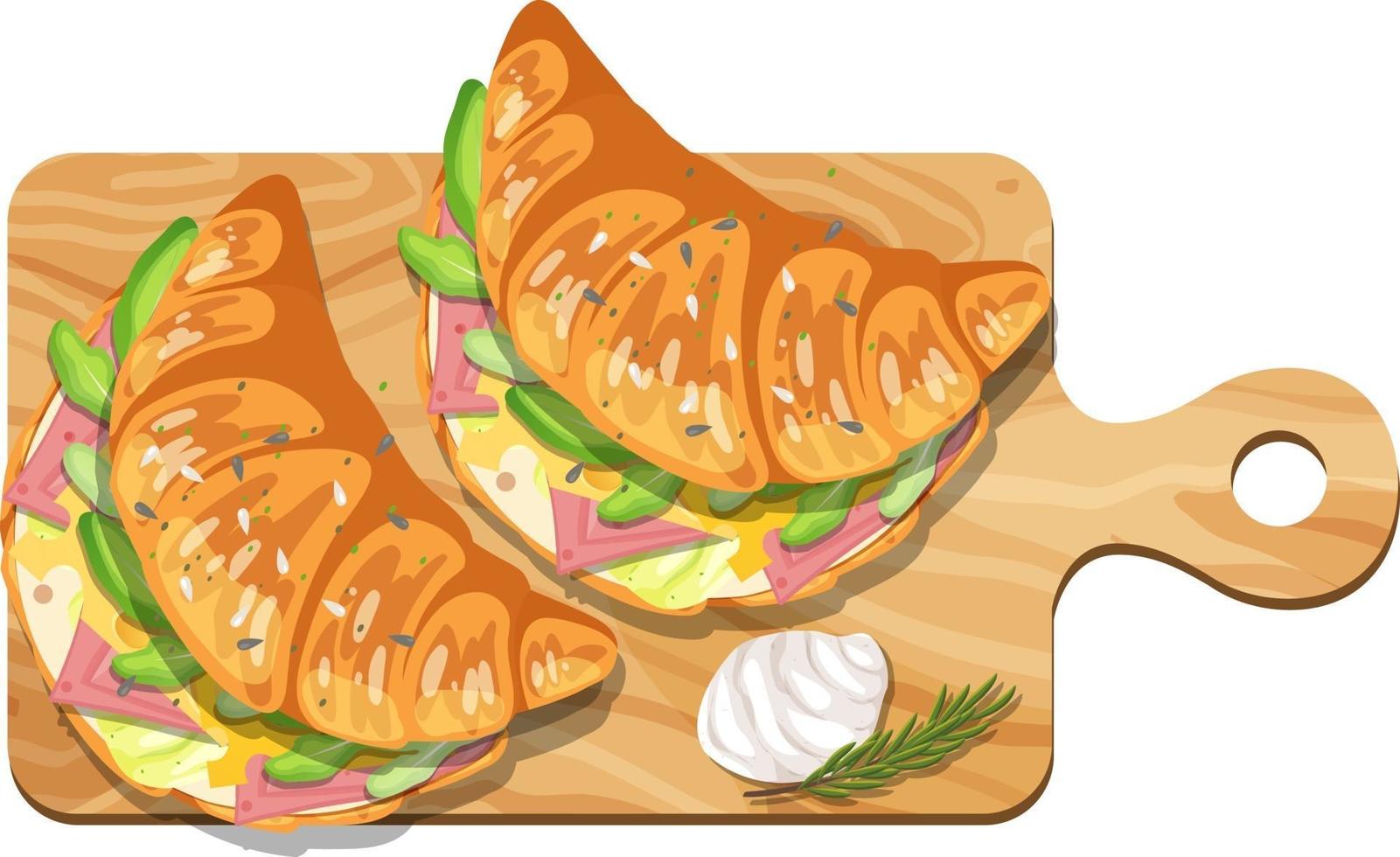 Croissant sandwich with ham cheese inside on a wooden plate vector