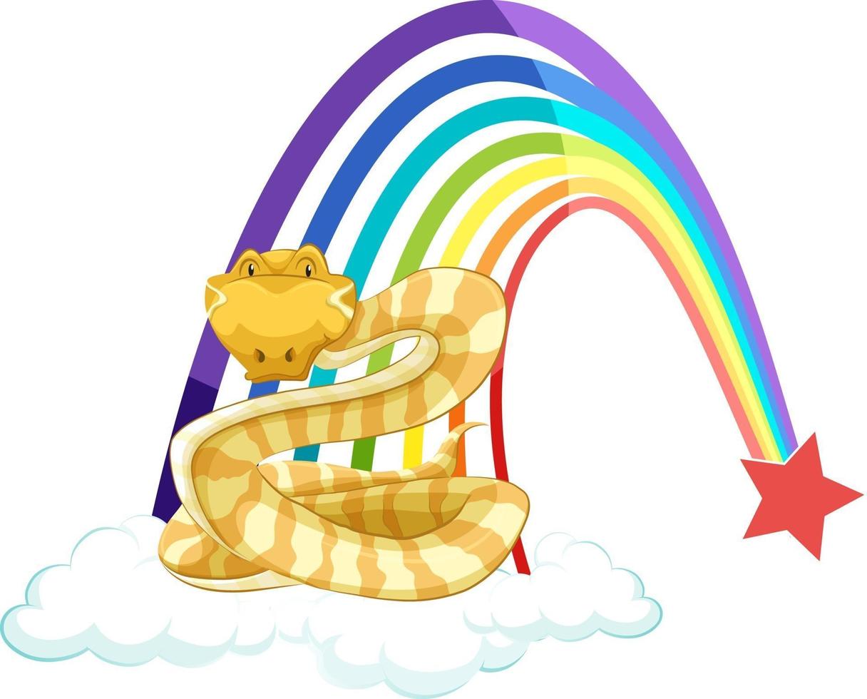 Una caricatura de serpiente en la nube con arco iris sobre fondo blanco. vector