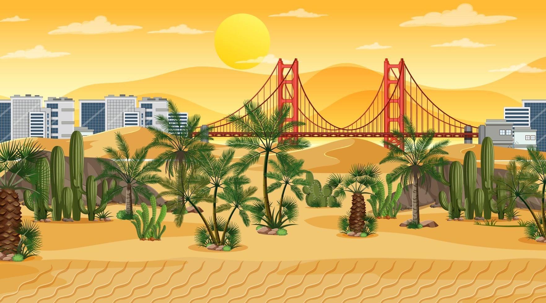 Desert forest landscape at sunset scene with cityscape background vector