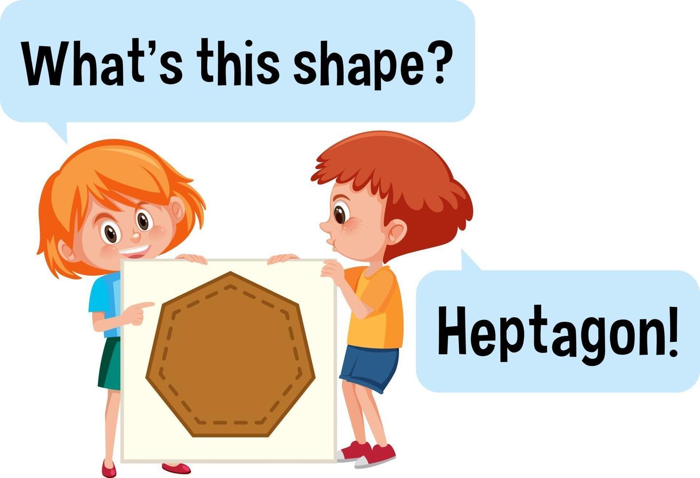 Kids holding heptagon shape banner with What's this shape font vector