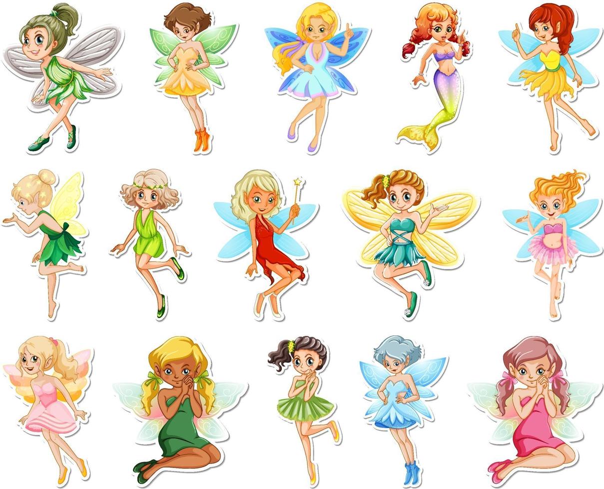 Set of stickers with beautiful fairies and mermaid cartoon character vector