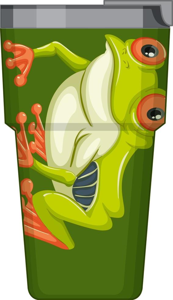 A green thermos flask with frog pattern vector