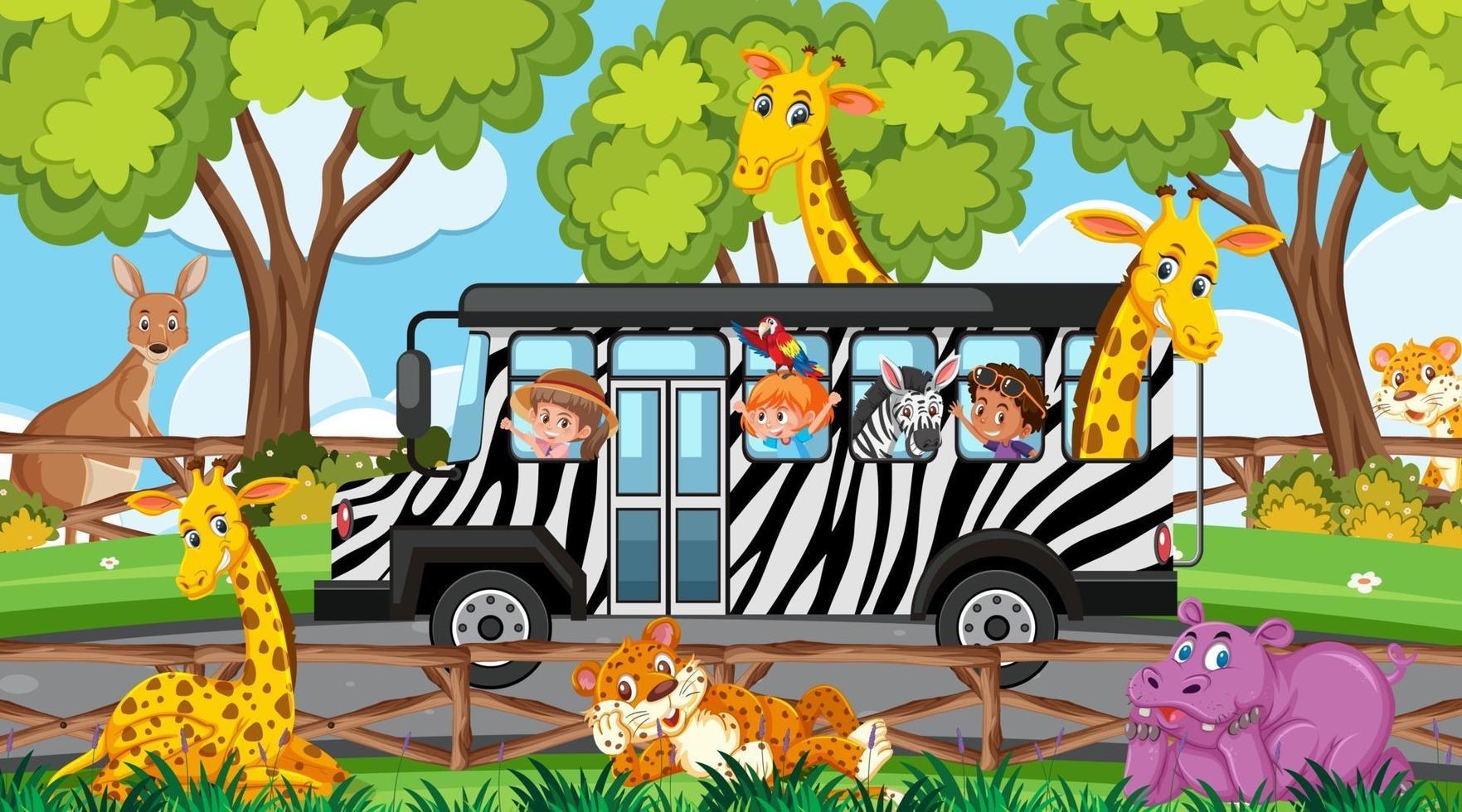 Escena de safari durante el día con niños y animales en autobús. vector