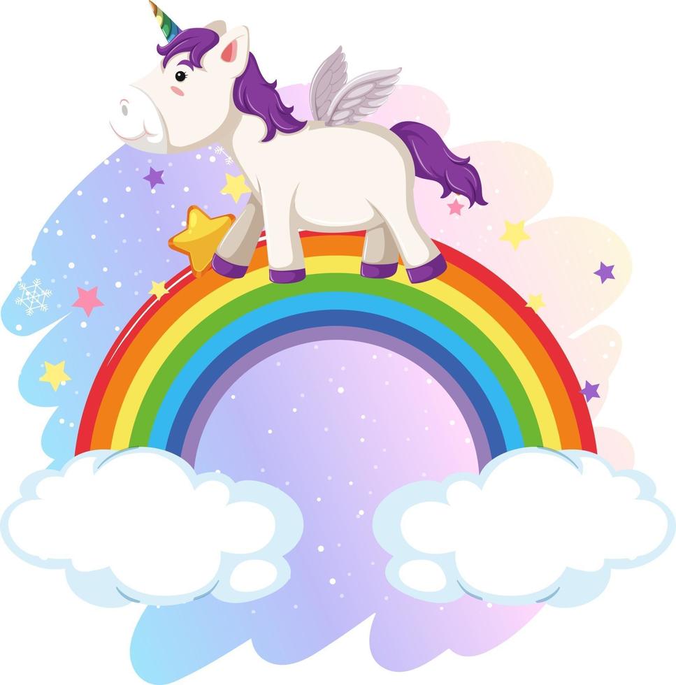 lindo pegaso en el cielo pastel con arcoiris vector