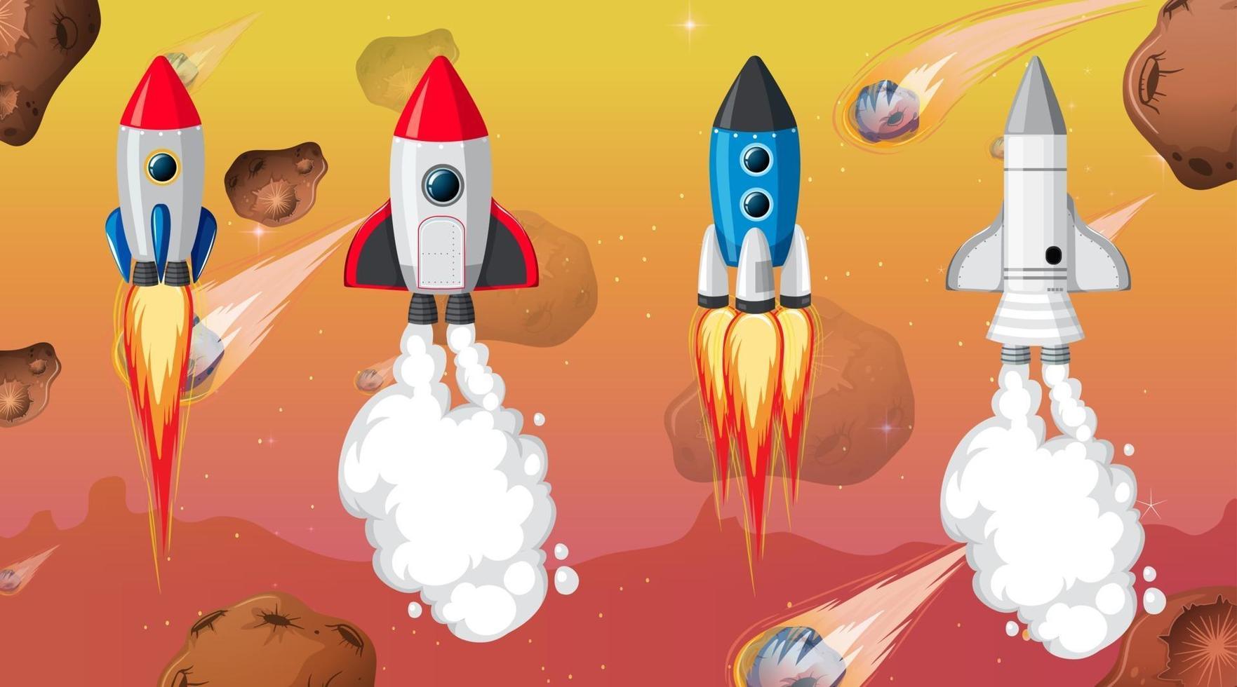 Set of different rocket and spaceship in space background vector