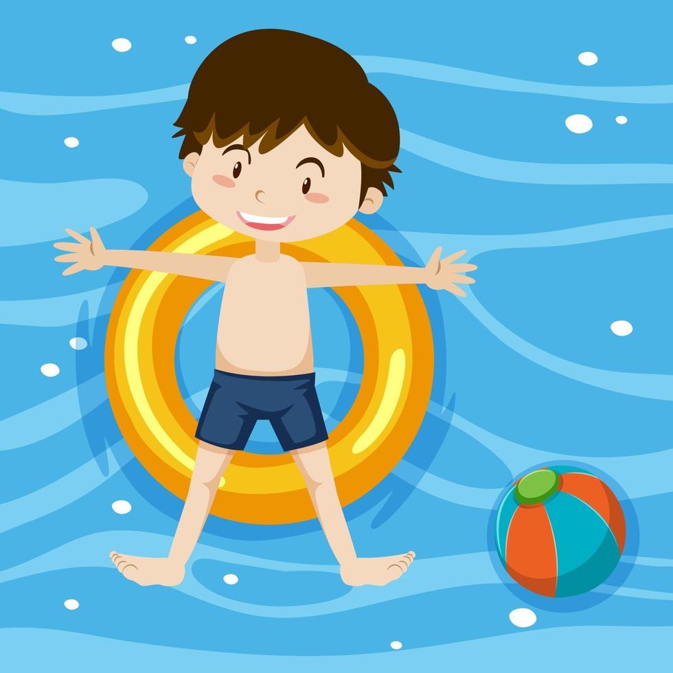 Top view of a boy laying on swimming ring on pool background vector