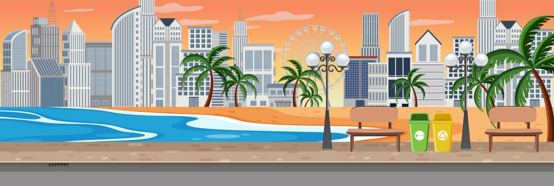 playa en la escena del atardecer con fondo horizontal del paisaje urbano vector