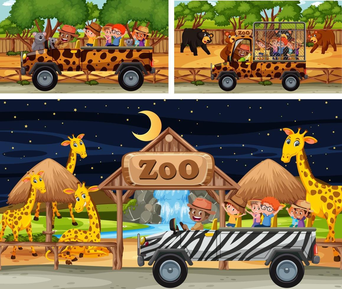 Different safari scenes with animals and kids cartoon character vector