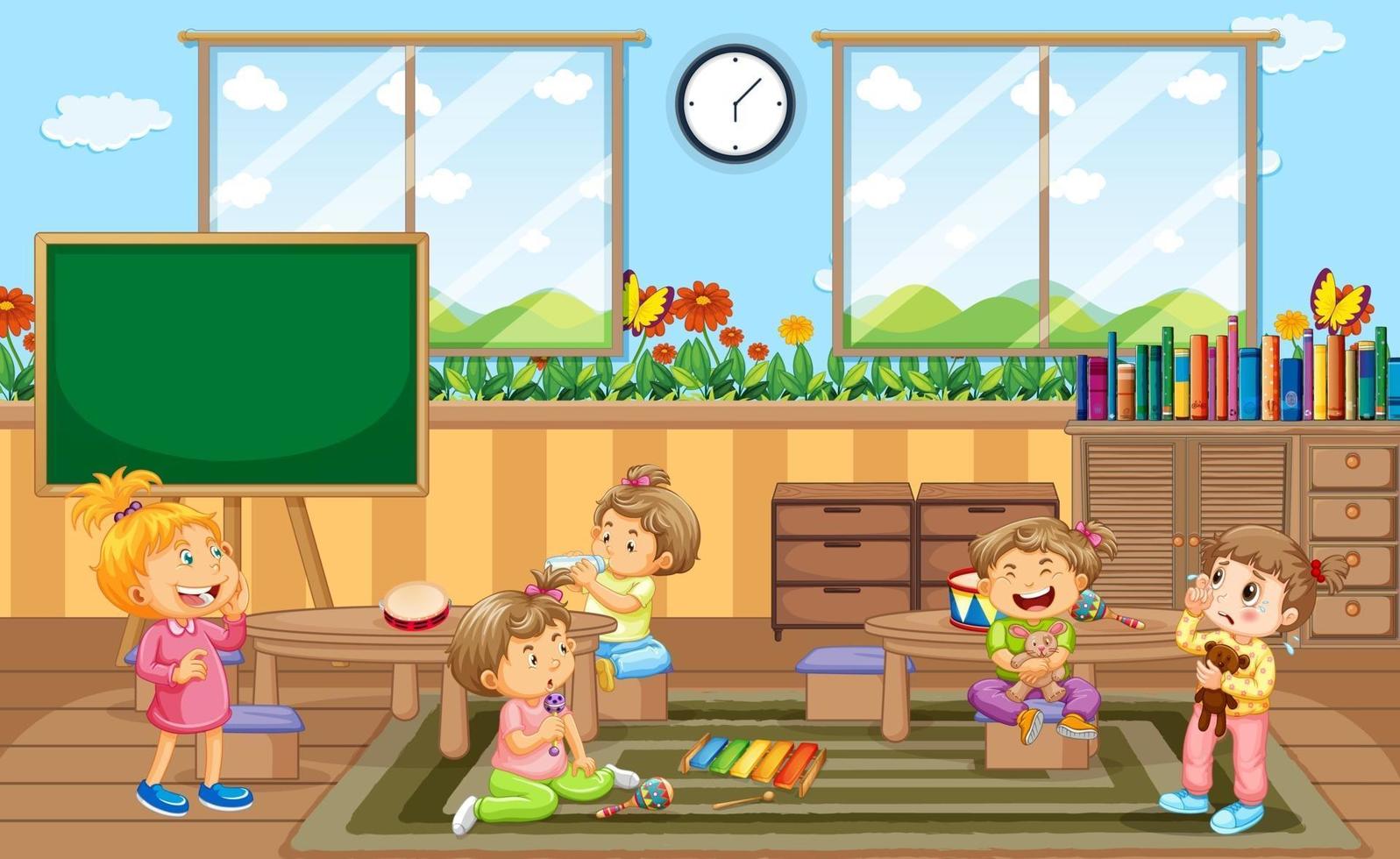 Kindergarten room scene with many little kids vector