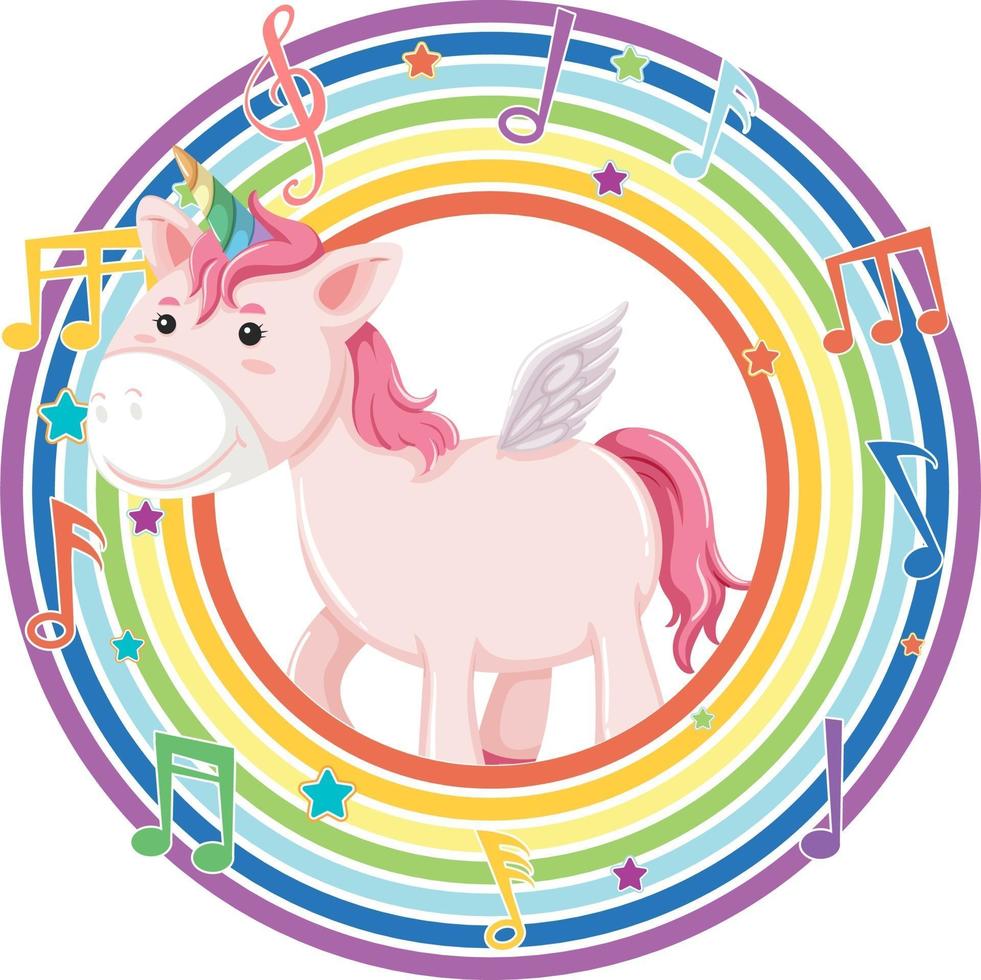 Unicorn in rainbow round frame with melody symbol vector