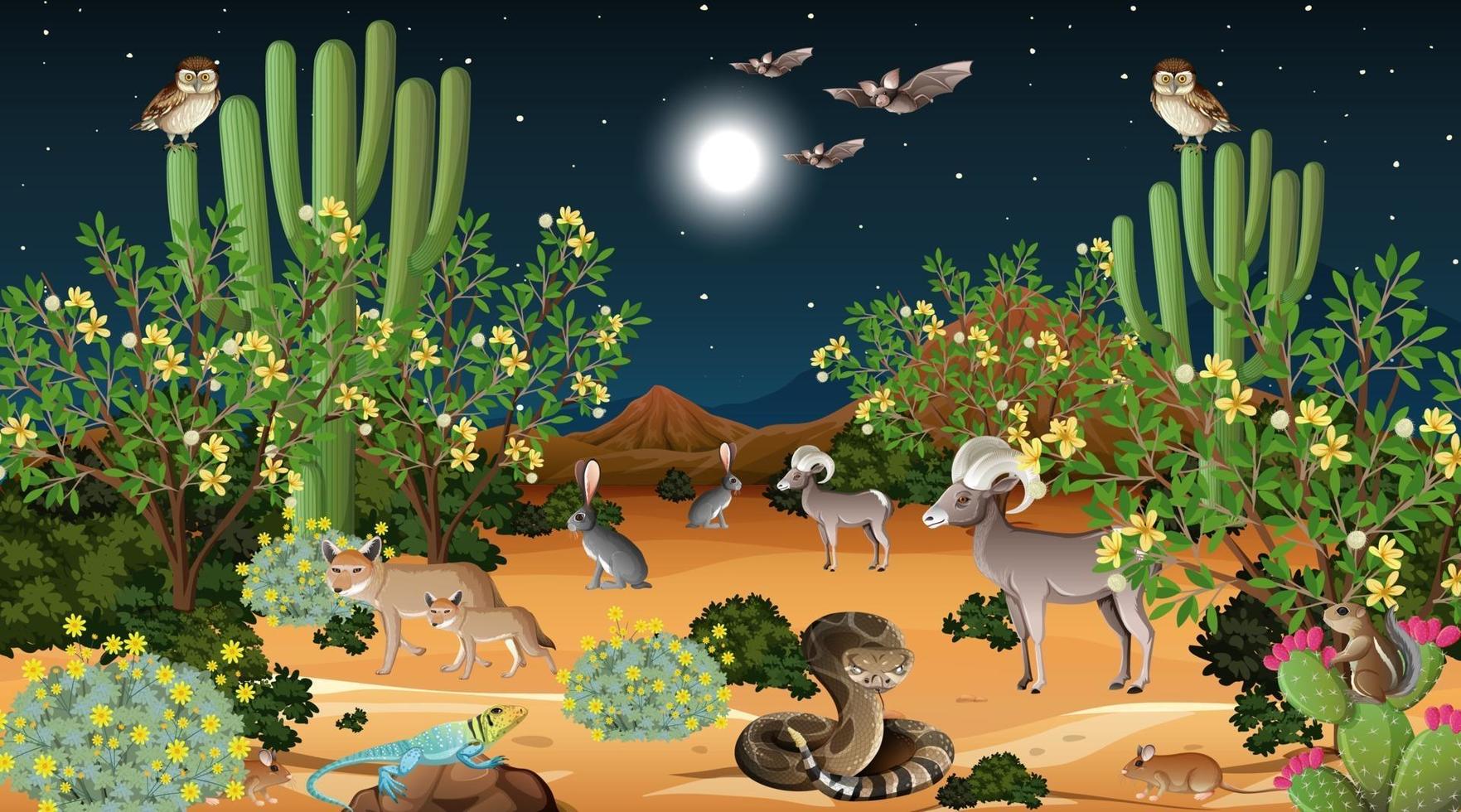 Desert forest landscape at night scene with wild animals vector