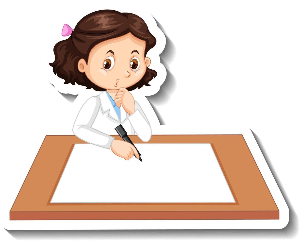 personaje de dibujos animados de niña científica con mesa en blanco vector