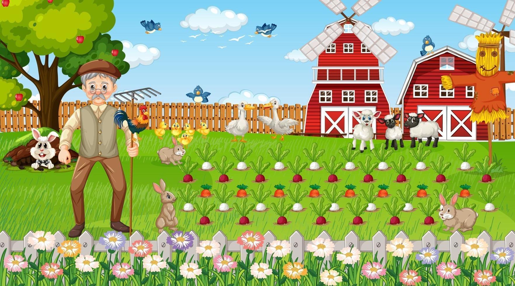 Farm scene at daytime with old farmer man and cute animals vector