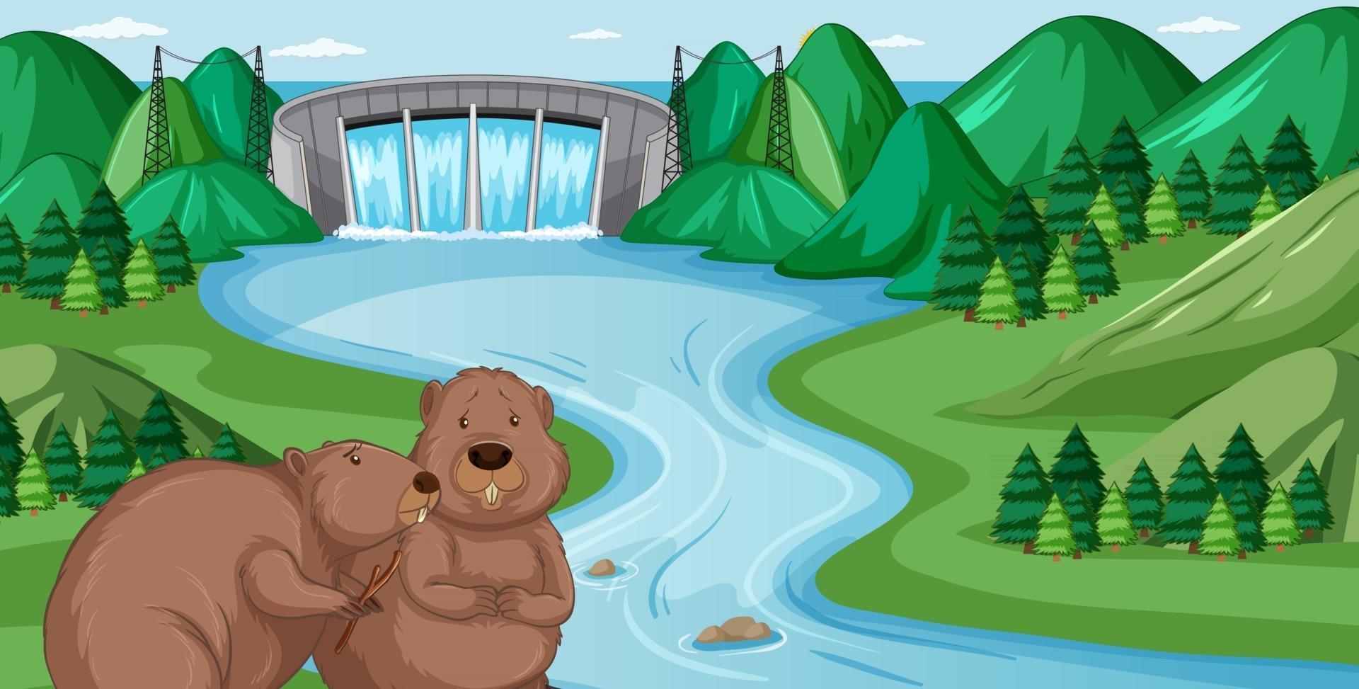 Dam landscape with beaver family vector