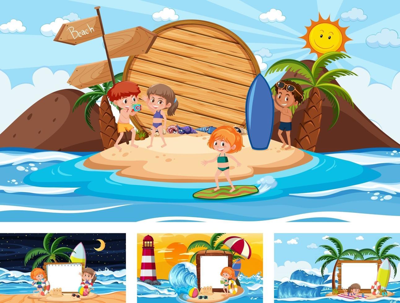 Set of different tropical beach scenes with blank banner vector