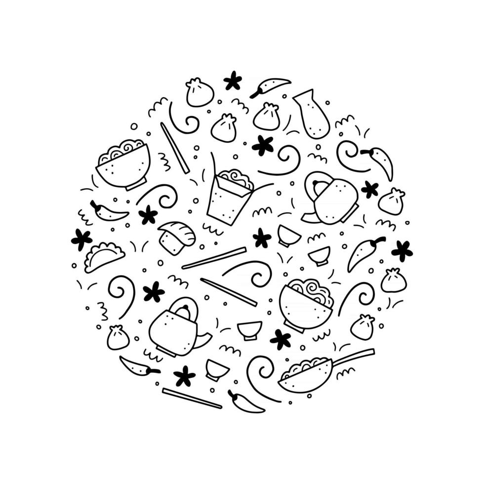 Hand drawn set of Asian food. Vector illustration.