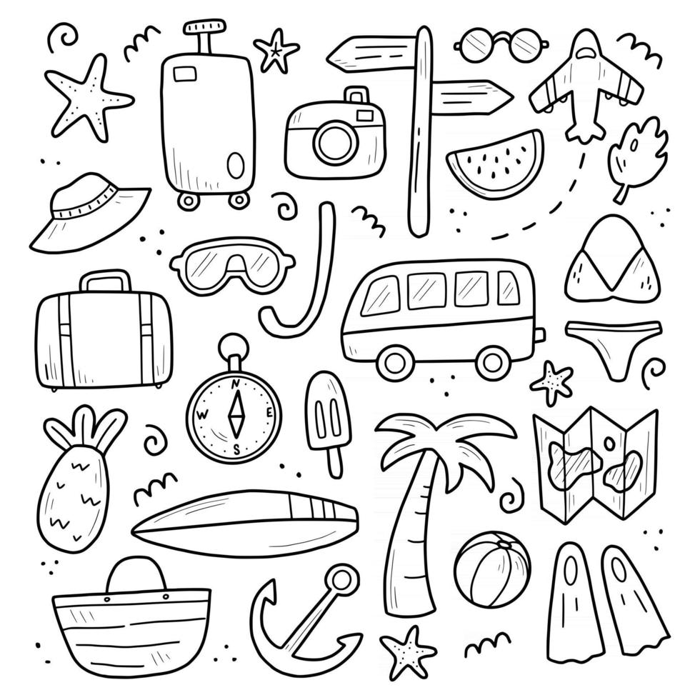 Hand drawn set of travel summer vacation vector