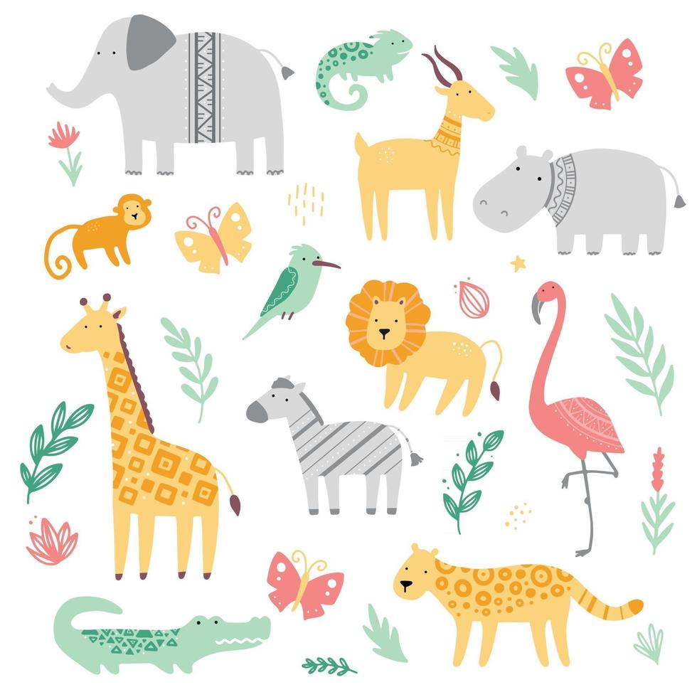 Set of cute african zoo animals vector