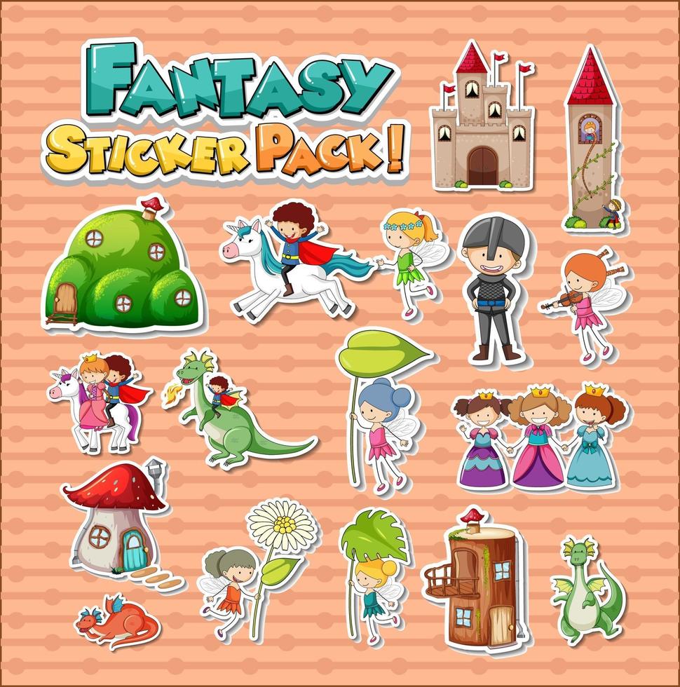 Sticker set with different fantasy cartoon characters vector