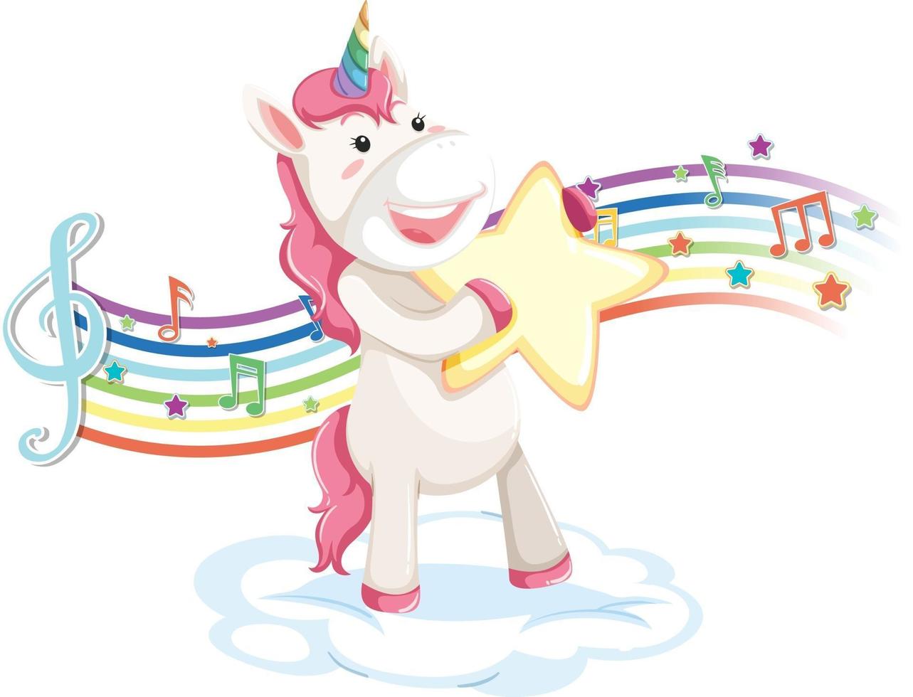 lindo unicornio de pie en la nube con símbolos de melodía en arco iris vector