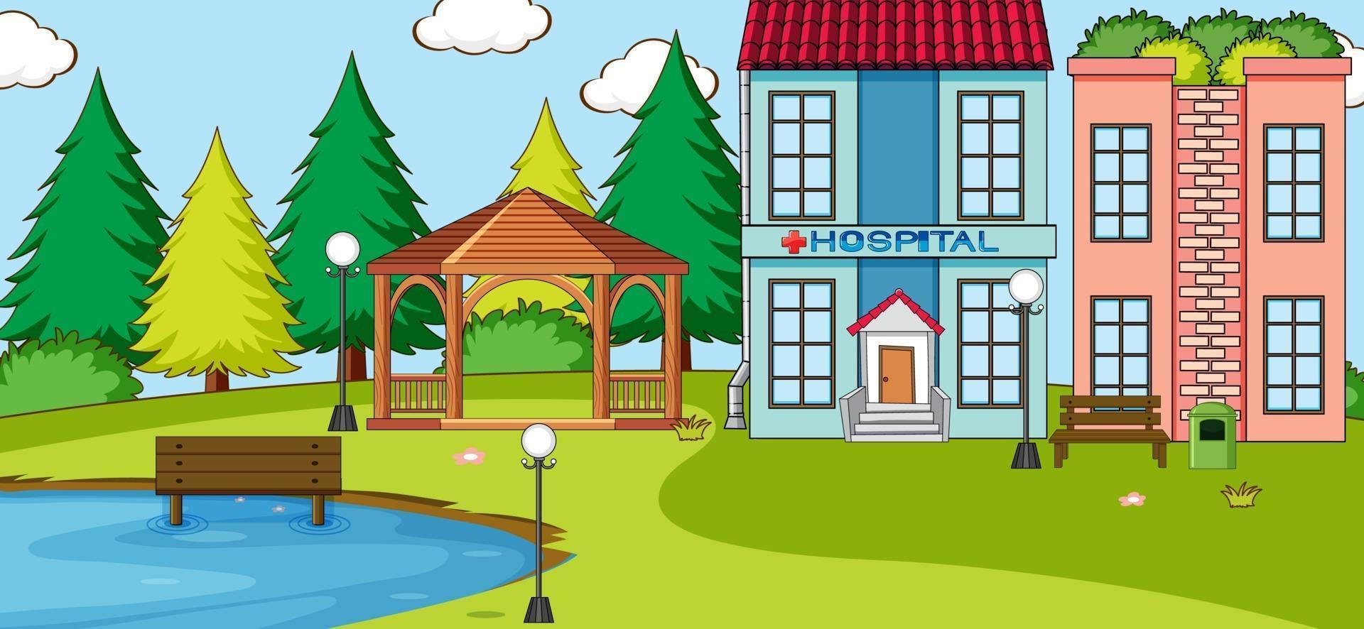 Park outdoor scene with hospital building vector