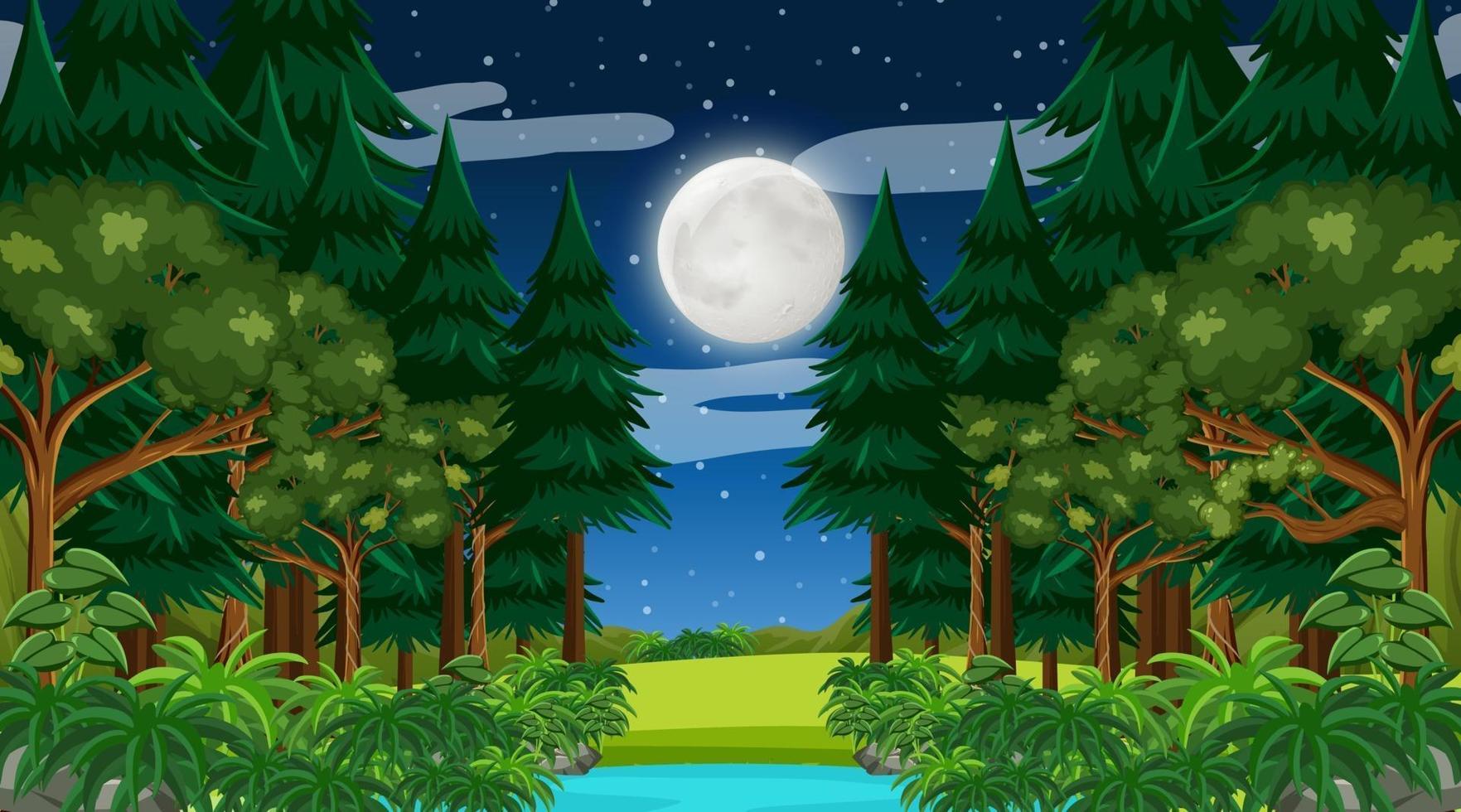 bosque lluvioso o bosque tropical en la escena nocturna con la luna en el cielo vector