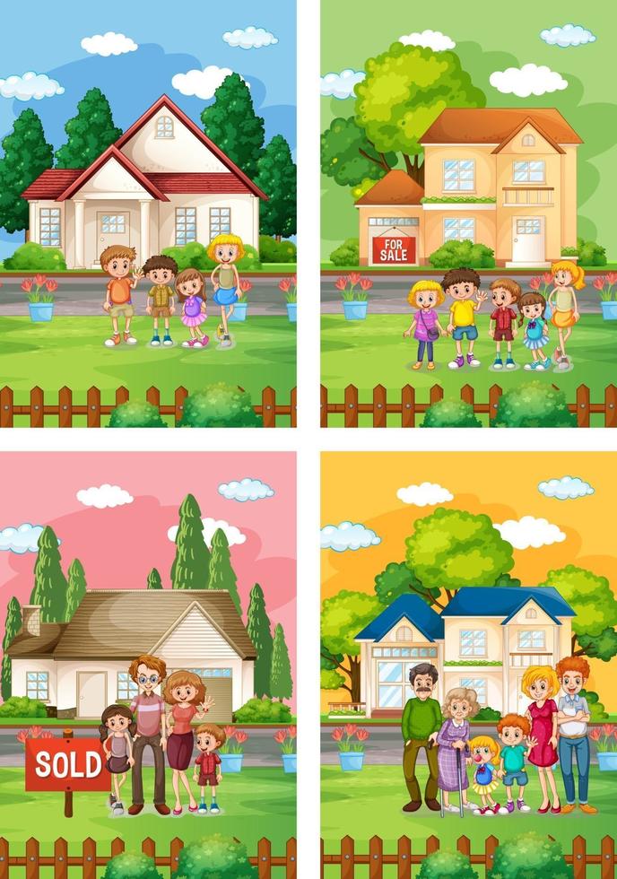 Diferentes escenas de familia de pie frente a una casa en venta. vector