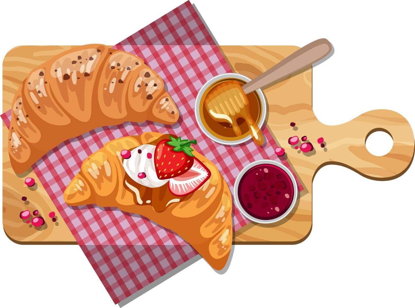 Croissant con mermelada de fresa y miel en una bandeja de madera aislada vector