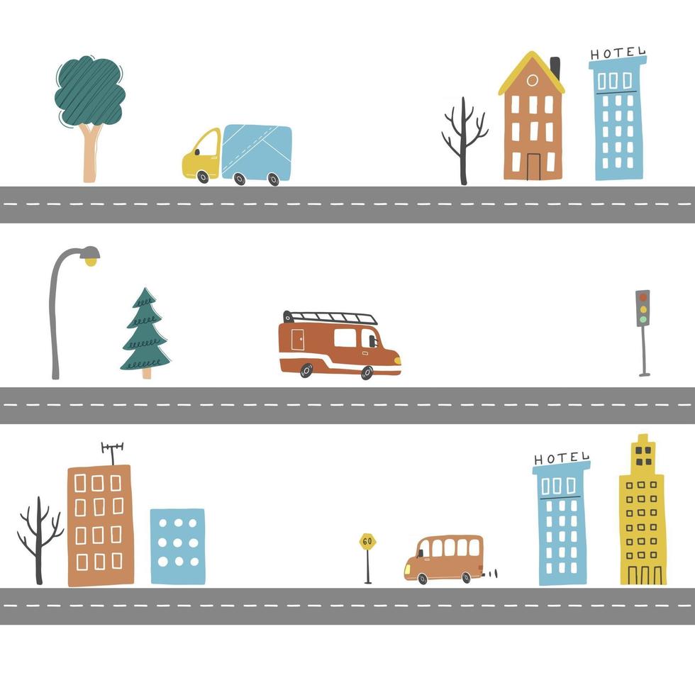 Kids city map of transport and road. Vector illustration.