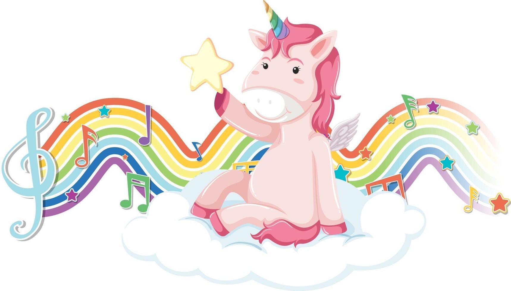 Unicorn sitting on the cloud with melody symbols on rainbow wave vector