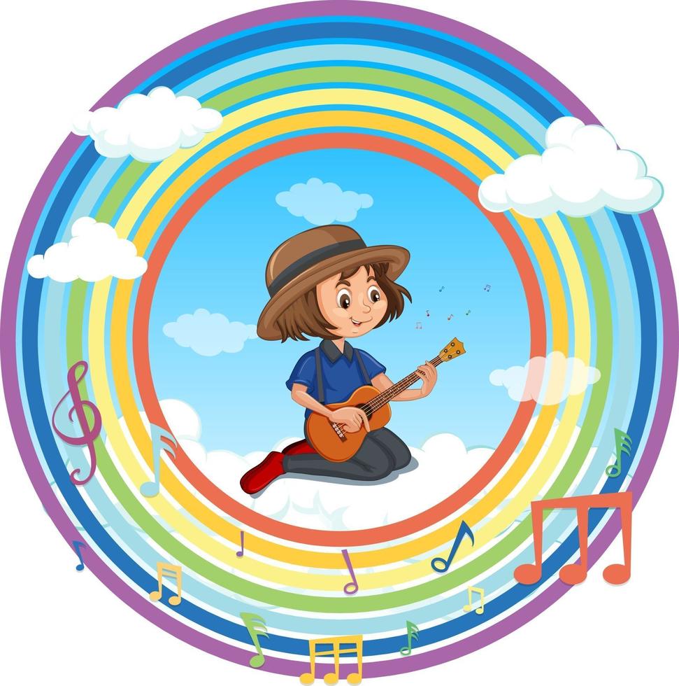 Happy girl playing guitar in rainbow round frame with melody symbol vector