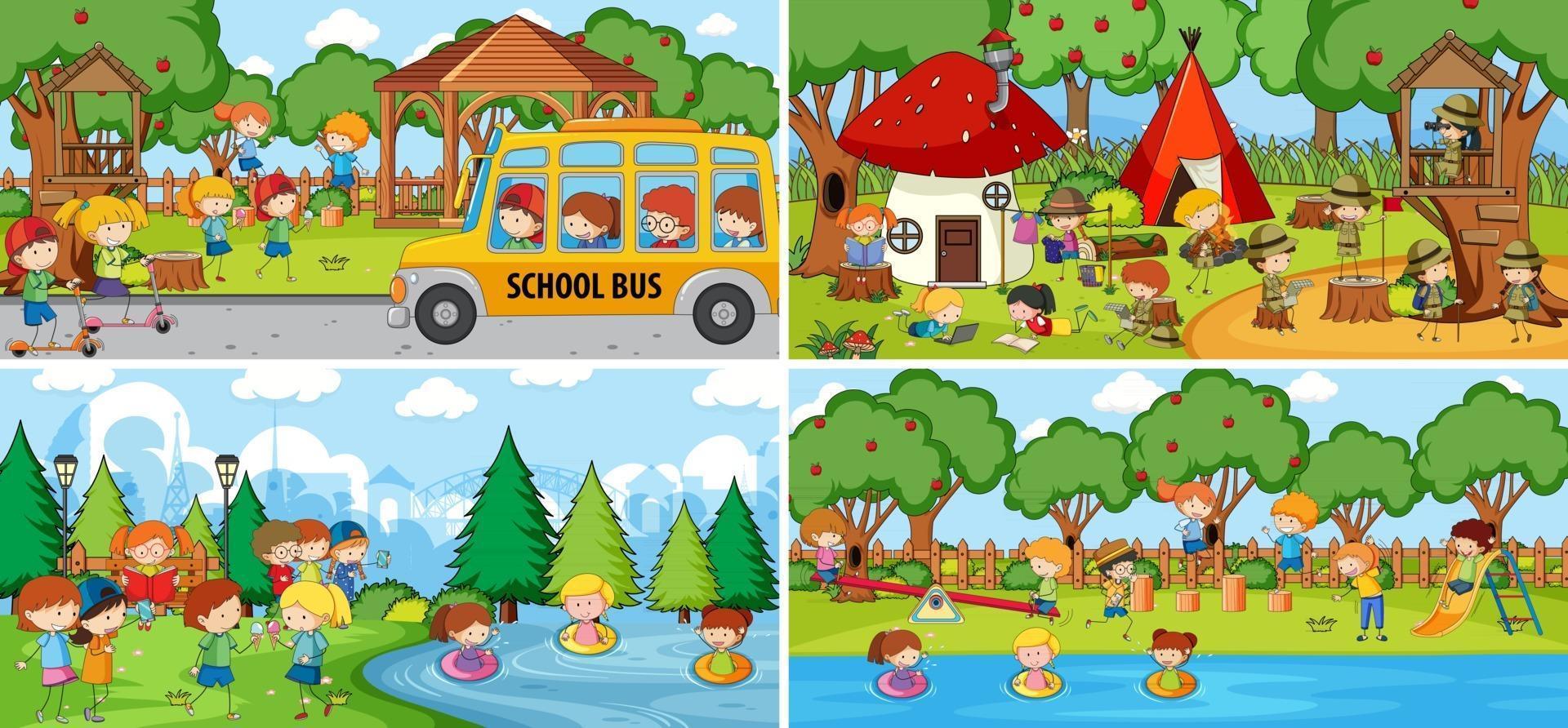 Outdoor scene set with many kids doodle cartoon character vector