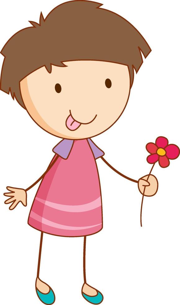 A girl cartoon character holding a flower in doodle style isolated vector