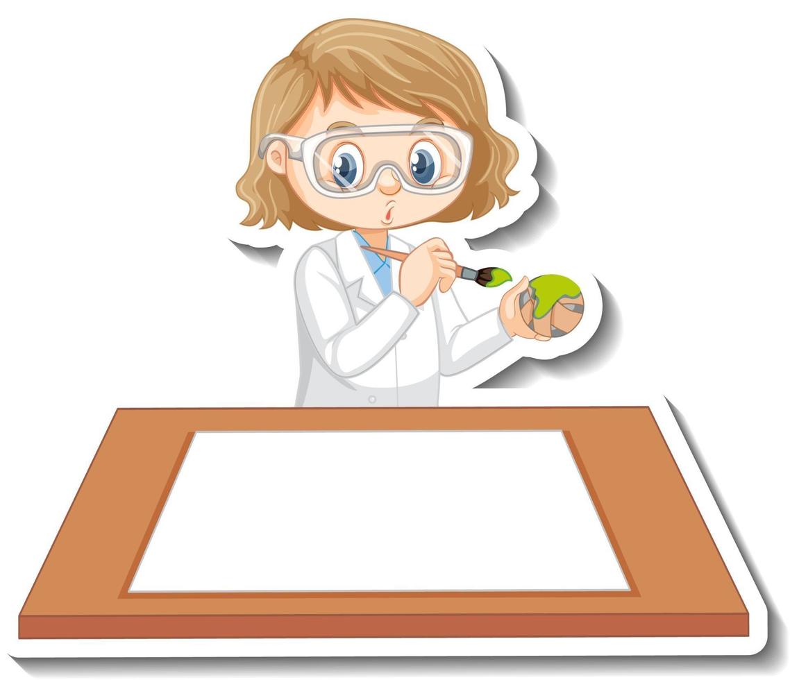 personaje de dibujos animados de niña científica con mesa en blanco vector