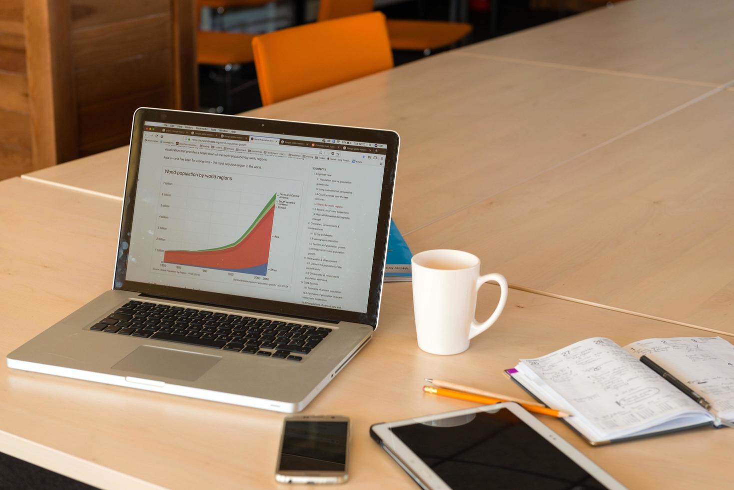 There is a laptop, a tablet, a phone and a notebook on the table. photo