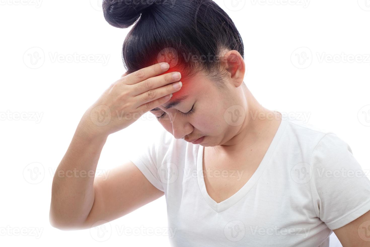 Young Asian woman touching the forehead with a headache at white background photo