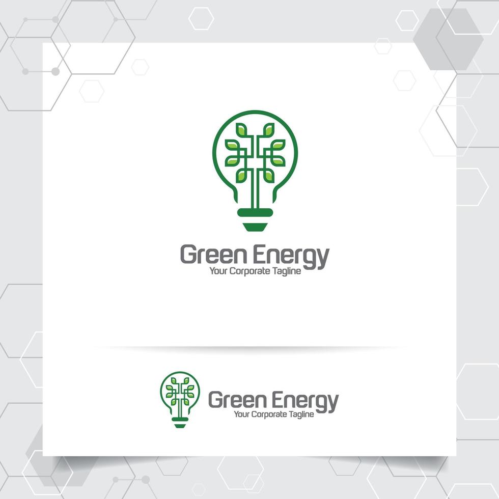 Green logo energy bulb design concept of leaves vector and lamp icon.